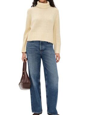 Sisley Cream Color Wool Blend Contemporary Preppy Knit Turtleneck Sweater Small